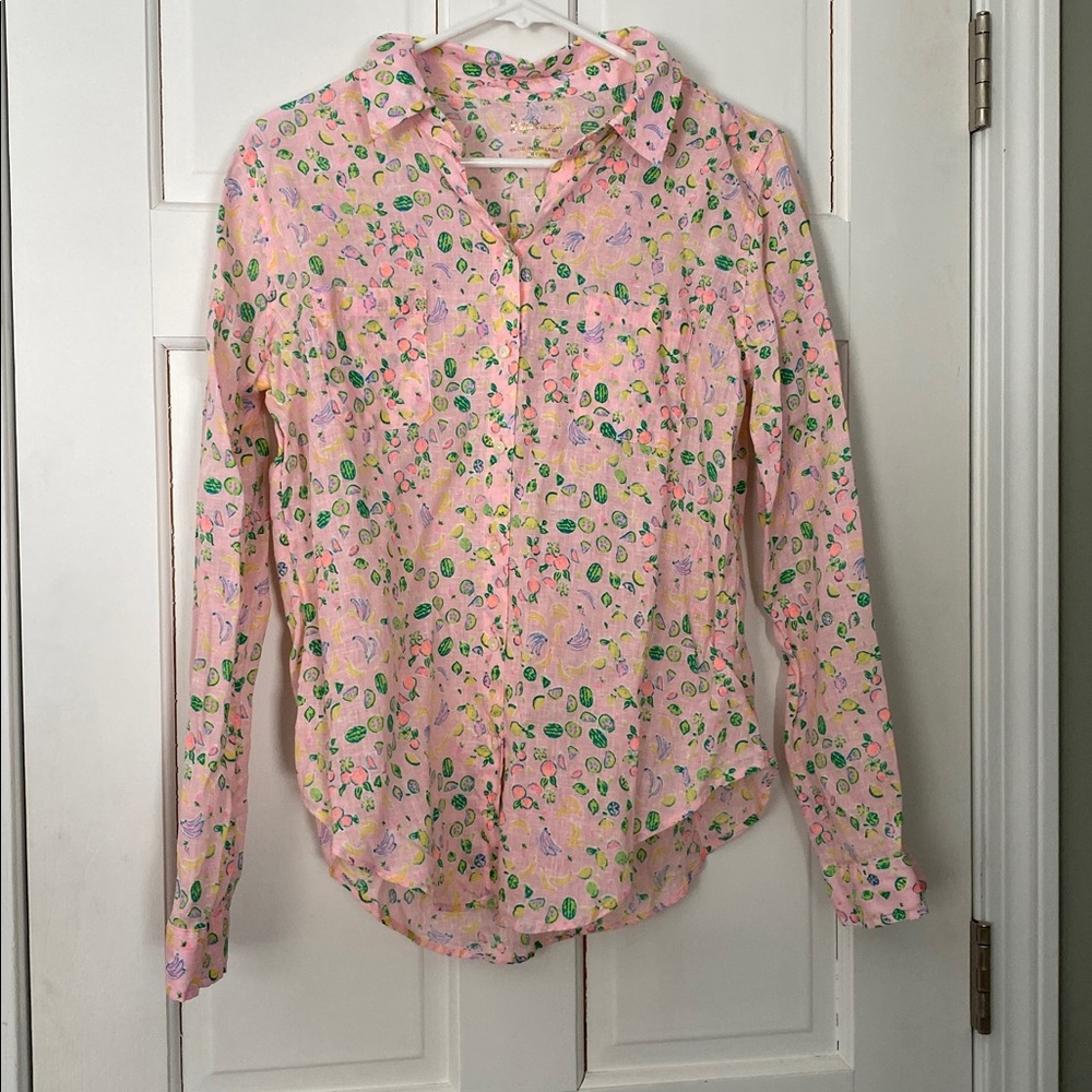 Lilly Pulitzer Pink and Green Fruit Print Blouse